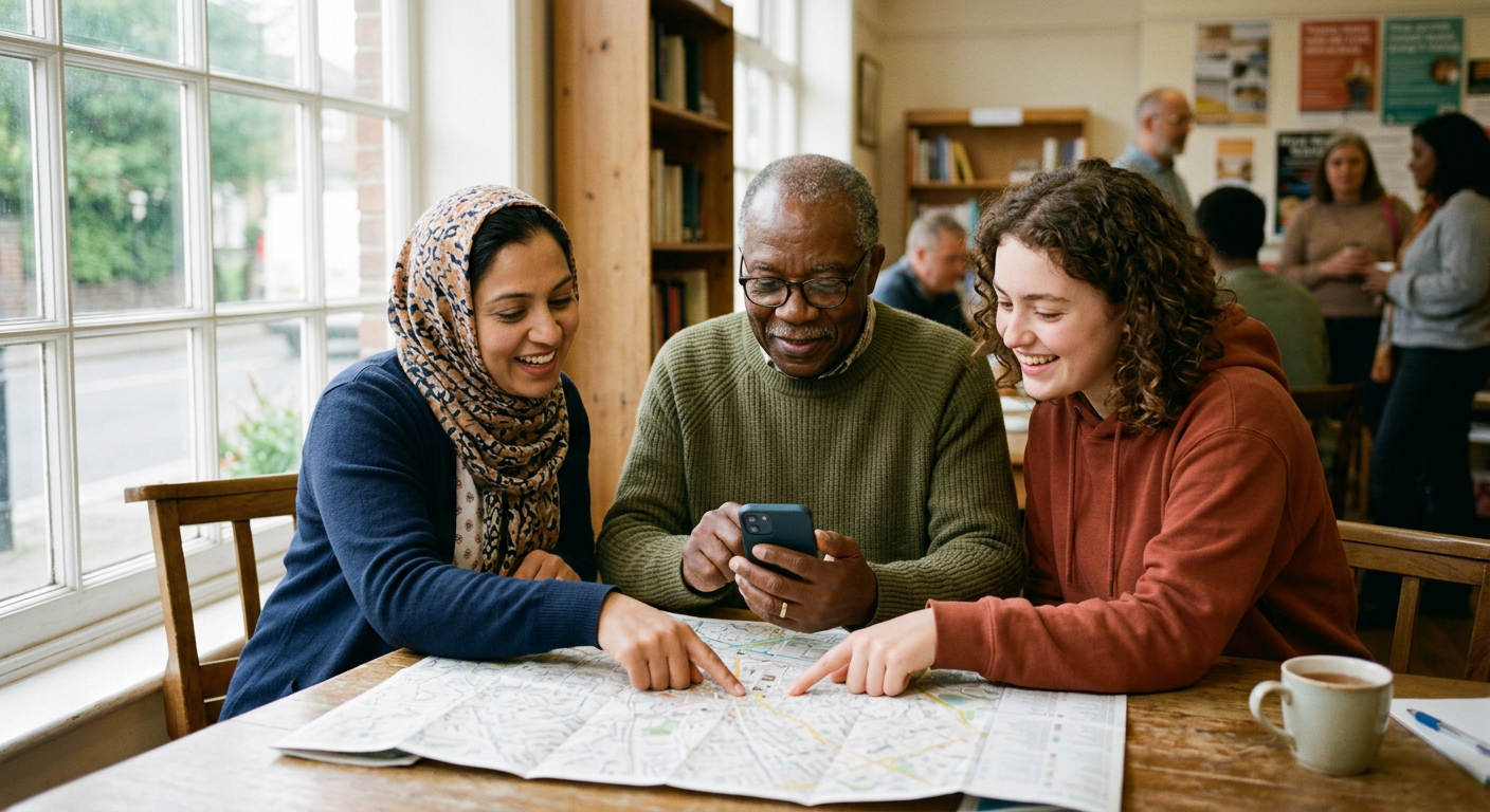 Three neighbours gathered around a map and a phone, pointing at a street together