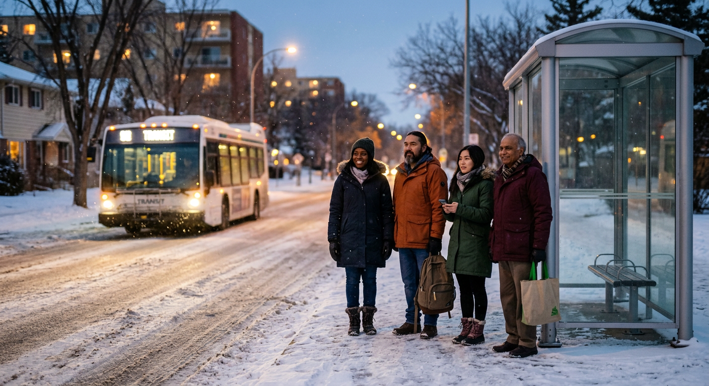 Neighbours in winter coats waiting at a snowy bus shelter as a bus approaches